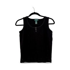 Ralph Lauren Black Ribbed Stretchy Sleeveless Tank Top Buttons Women's Petite L